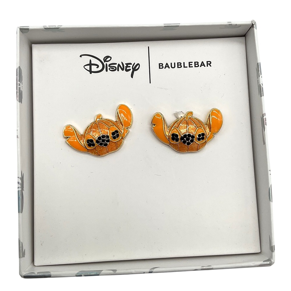 Disney BaubleBar Stitch Pumpkin Halloween Stud Earrings Gold Tone Orange Glitter